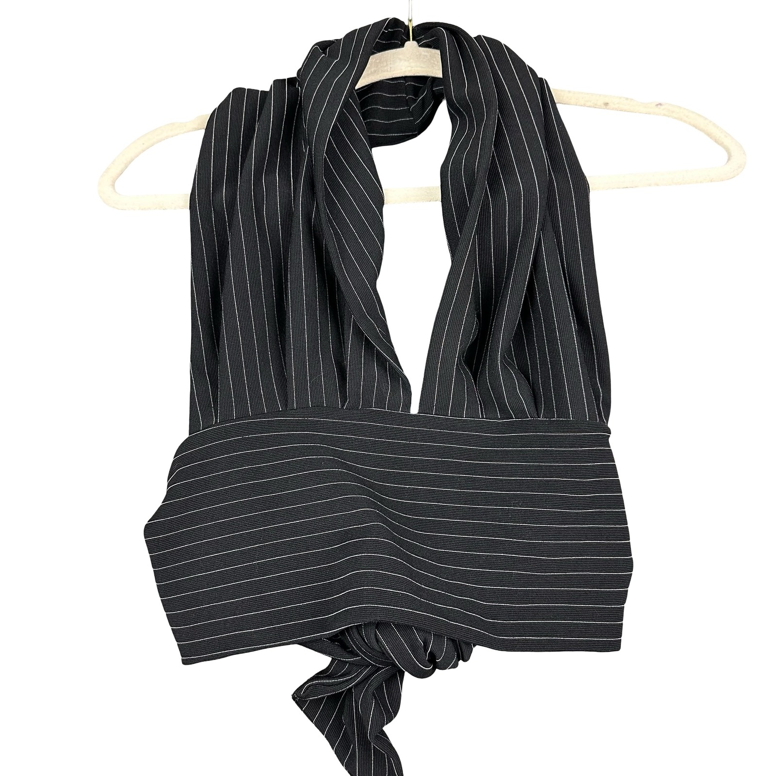 Cheryl Creations Halter Wrap Top Womens Large Black Pinstripe Stretch Tie